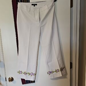Karen Kane White Wide-Leg Pants with Purple Floral Trim